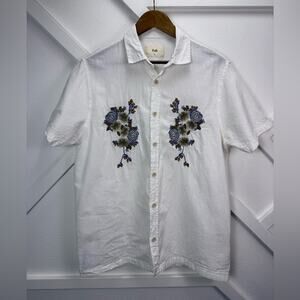 Folk Floral Embroidered White Linen Blend Short Sleeve Shirt Size S Blue Floral